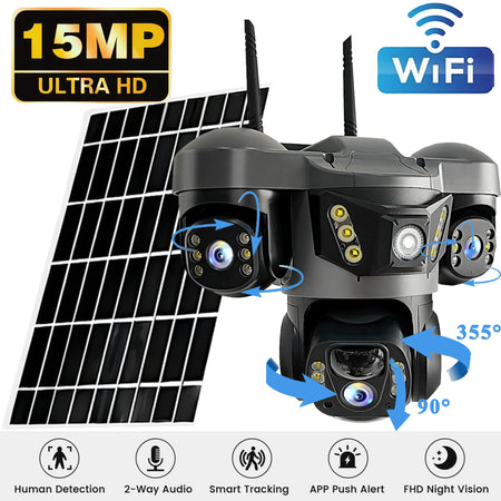 15MP Solar Camera Triple Lens Triple Screen Two-Way Audio Outdoor IP66 Waterproof HD Security CCTV WIFI Wireless Network Camera
