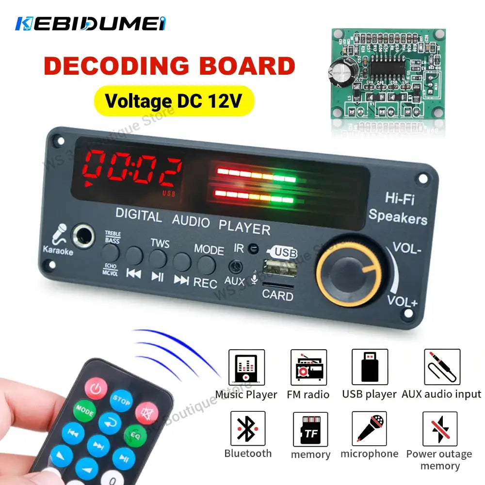 KEBIDUMEI Bluetooth 5.3 DIY MP3 WAV Decoder Board DC 12V Wireless Car USB MP3 Player TF Card Slot USB FM Radio with 6.5MM Mic by InterCyprus Trading Ltd