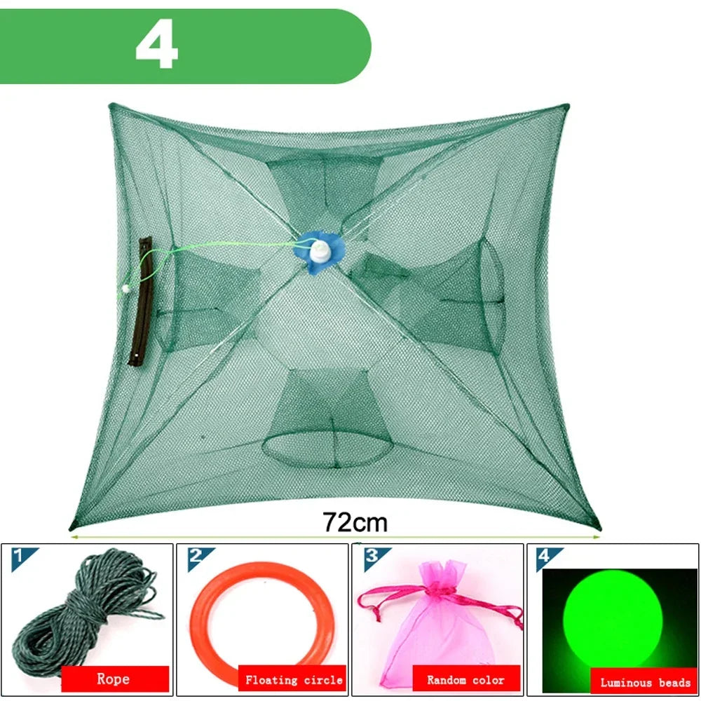 Portable Foldable Fishing Net Shrimp Cage - Automatic Nylon Fish Trap 4 HOLES