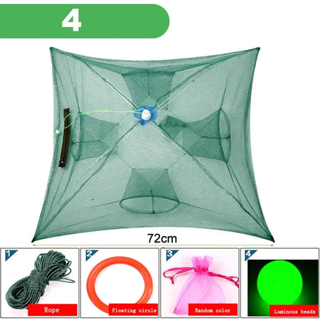 Portable Foldable Fishing Net Shrimp Cage - Automatic Nylon Fish Trap 4 HOLES