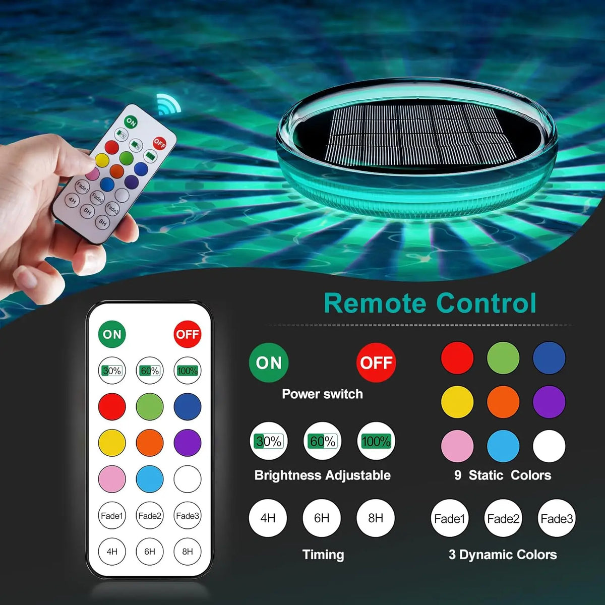 Solar Rechargeable Floating Pool Lights - RGB Changing, Waterproof, Remote Controlled
