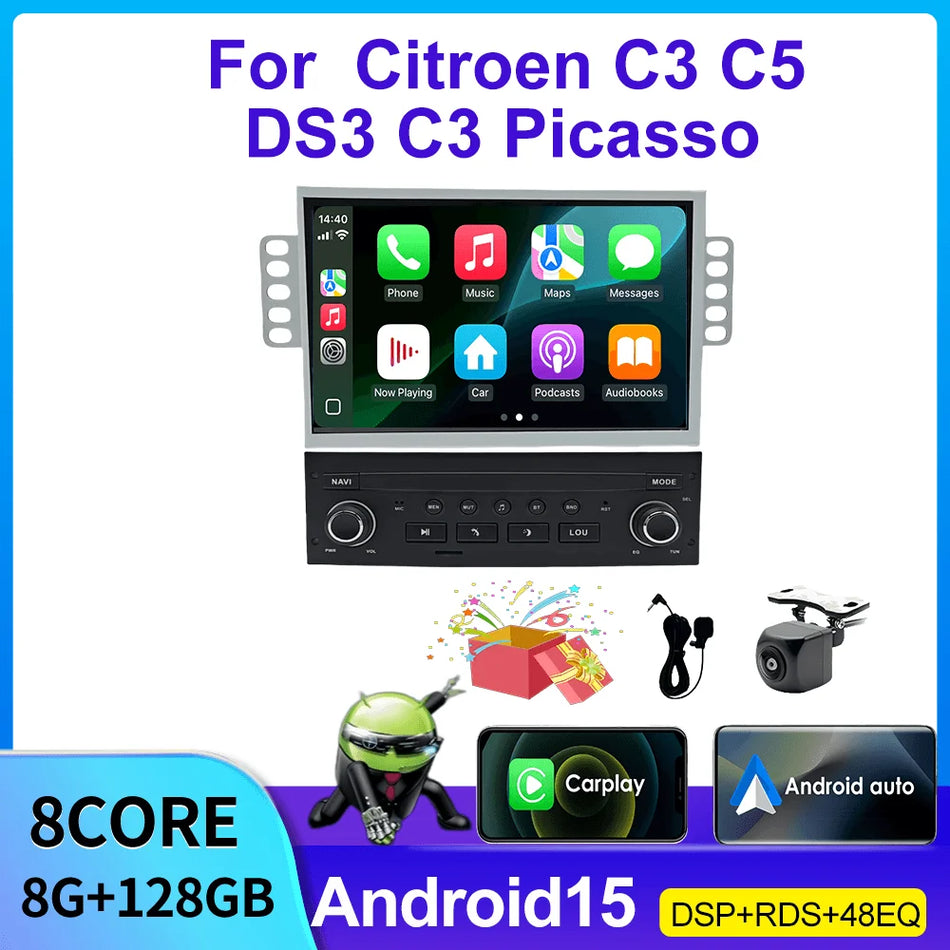 7-calowy radio samochodowe Android 15 do Citroena C3 Picasso DS3 C5 2009-2017 z Apple Carplay i nawigacją GPS.