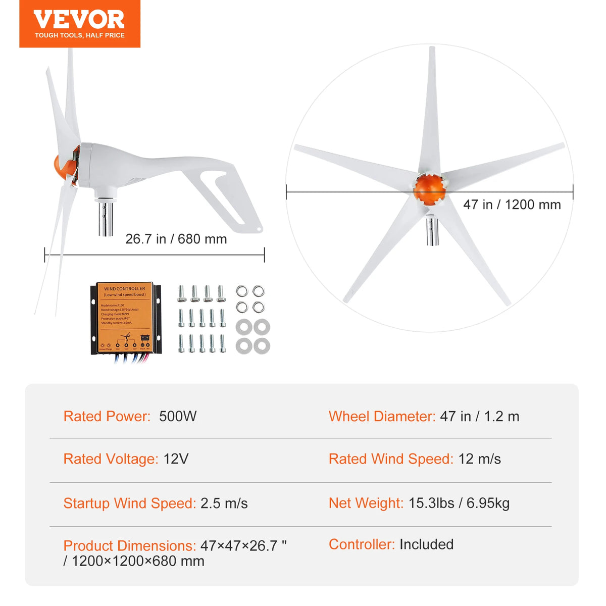 VEVOR 12V 500W/800W Wind Turbine Generator Kit with MPPT Controller 12V 500W 5 Blades / Poland