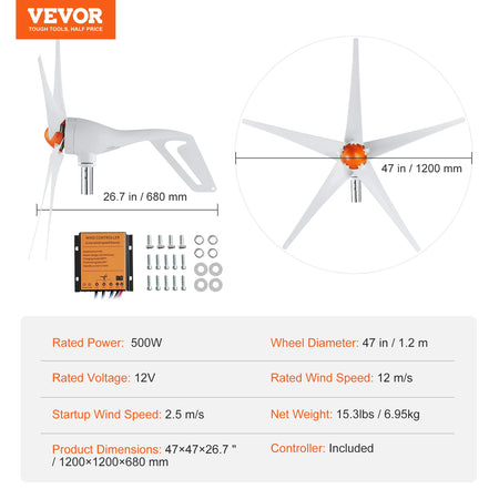 VEVOR 12V 500W/800W Wind Turbine Generator Kit with MPPT Controller 12V 500W 5 Blades / Poland