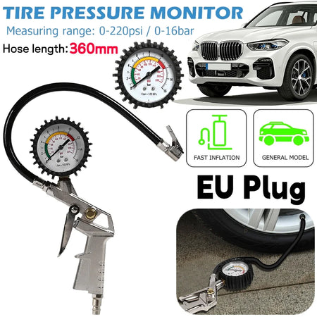 New Car Tire Pressure Gauge - 0-220 PSI EU Plug Durable