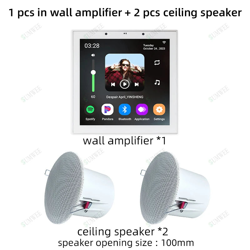 SUMWEE 4-Inch Android 11 Wall Amplifier with Bluetooth and Ceiling Speakers System White amp-2 spks