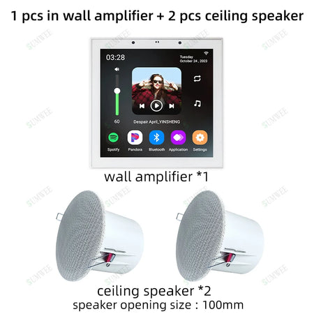 SUMWEE 4-Inch Android 11 Wall Amplifier with Bluetooth and Ceiling Speakers System White amp-2 spks