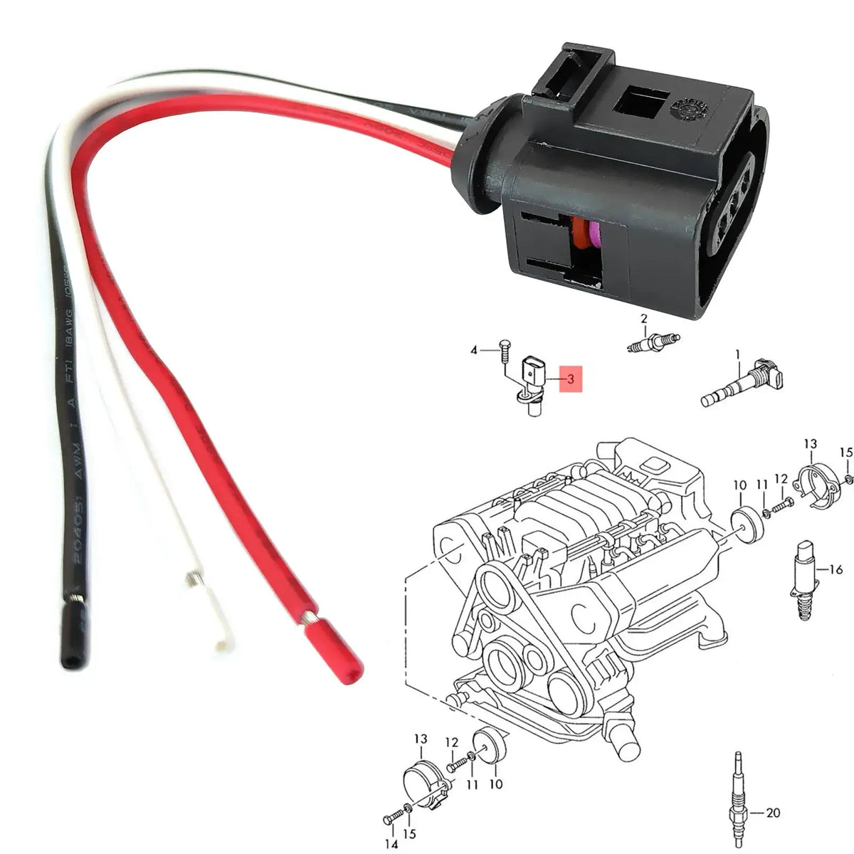 2pcs For VW Golf Jetta Beetle Eos Tiguan Caddy Touran Passat Cc Polo T5 Camshaft Position Cam Sensor Plug Connector 1J0973703 by InterCyprus Trading Ltd