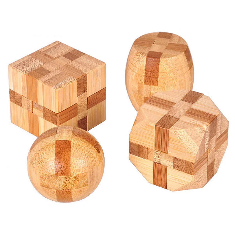 Bamboo Wooden Brain Teaser Puzzle - Kong Ming Lu Ban Lock - Montessori 3D Educational Toy for All Ages