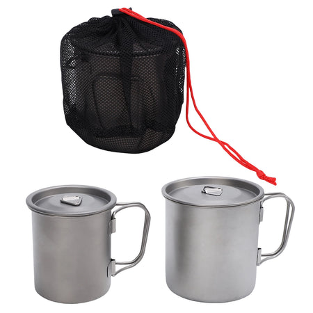 Ti Coffee Mug Camping Cup &ndash; Folding Handle and Net Bag 2pcs 1set