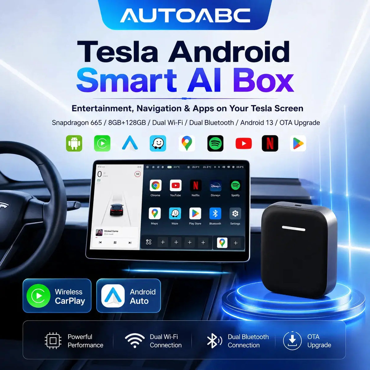 AUTOABC Wireless Browser Android Smart Ai Box Adapter For Tesla Model 3 Y X S Dual Wifi/Bluetooth Android 13 Multimedia by InterCyprus Trading Ltd