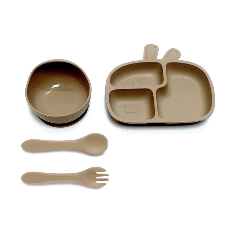 CZSAE 4pcs Baby Plate Set &ndash; Drop-Proof and Scald-Proof Design Light brown