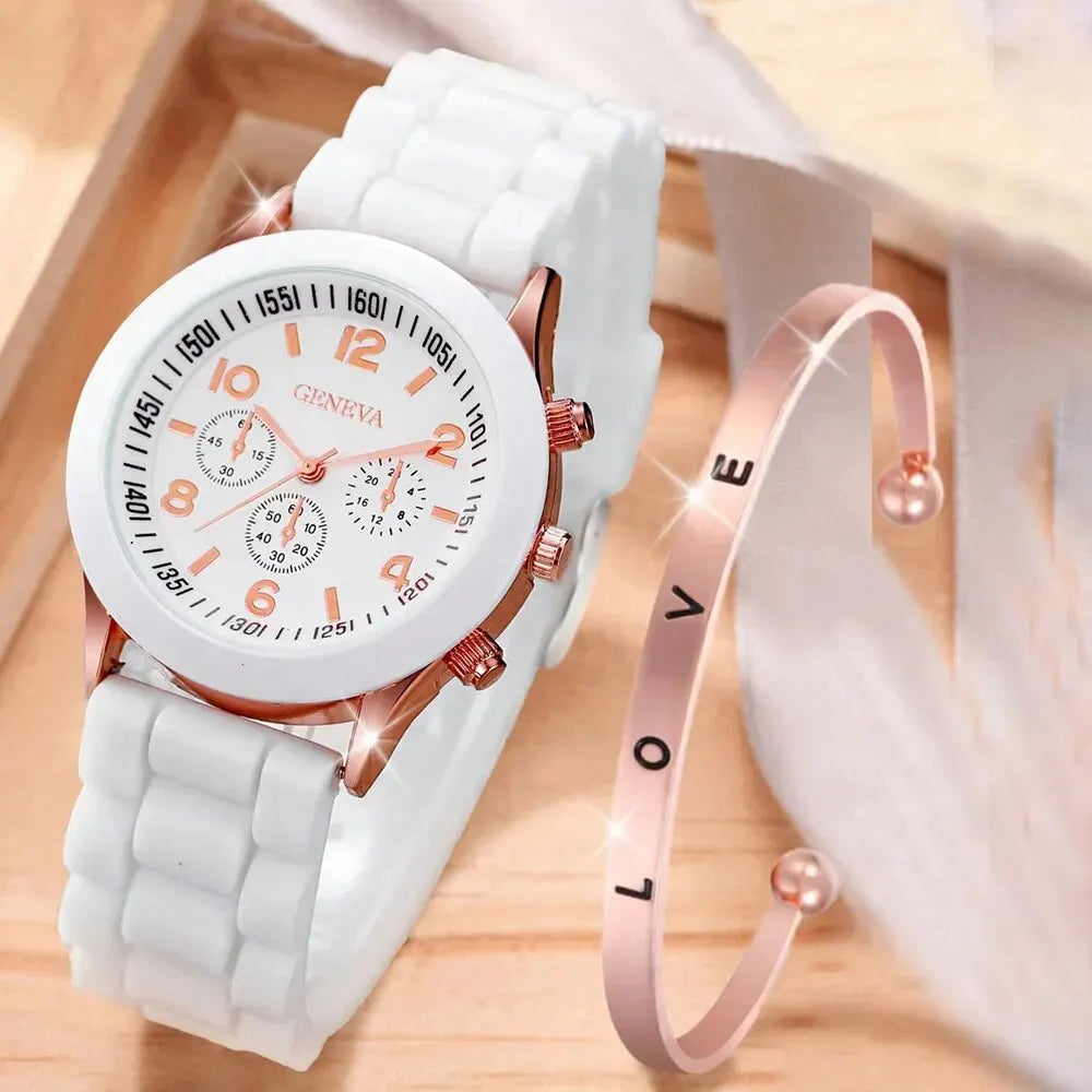 Elegant Women's White Silicone Quartz Watch Set XR4908-WH-H57-RGO