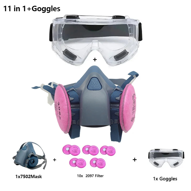 7502 Silicone Respirator Gas Mask Set &ndash; Goggles Included 11in1-Clear Goggles