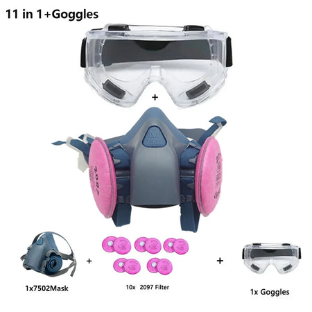 7502 Silicone Respirator Gas Mask Set &ndash; Goggles Included 11in1-Clear Goggles