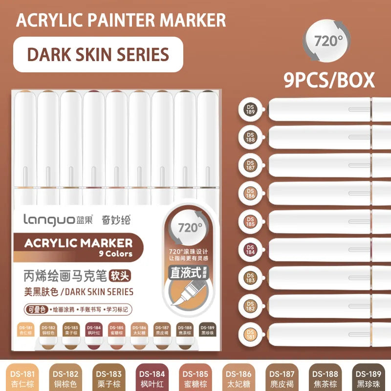 9-Piece Soft Brush Acrylic Marker Pen Set for DIY Hand Drawn Art, Student Graffiti, and Painting - M720 DARK SKIN SERIES