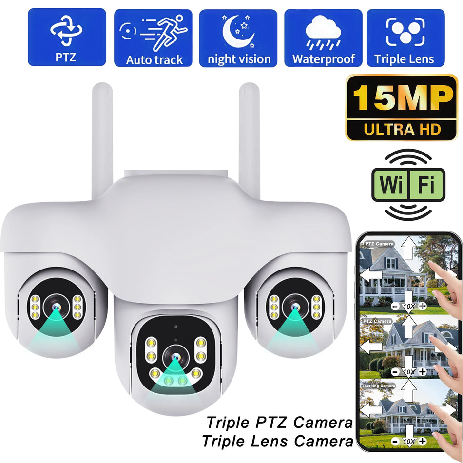15MP WiFi Camera Outdoor HD Three Lens Three Screen PTZ IP Cam Human Auto Tracking Waterproof Smart Security Surveillance CCTV