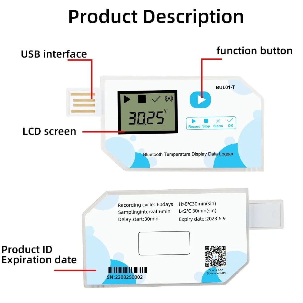 BUL01-T 60 Day LCD Data Logger &ndash; Bluetooth Temp Recorder