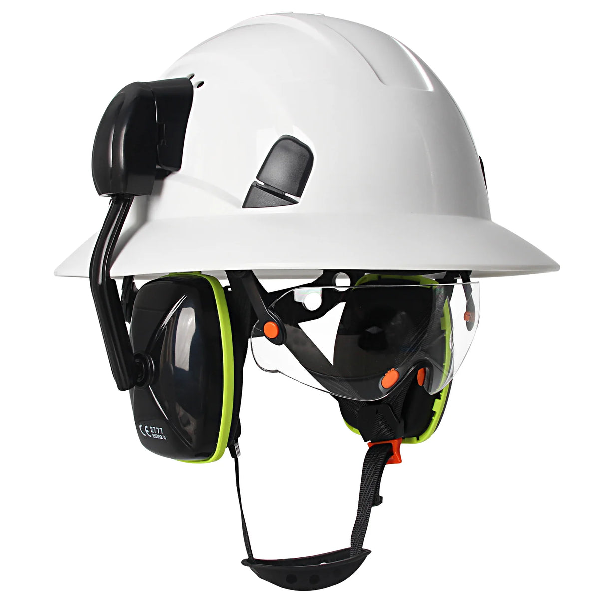 CE Full Brim Safety Helmet With Goggles &ndash; Built In Earmuffs White Set