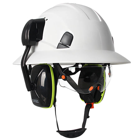 CE Full Brim Safety Helmet With Goggles &ndash; Built In Earmuffs White Set