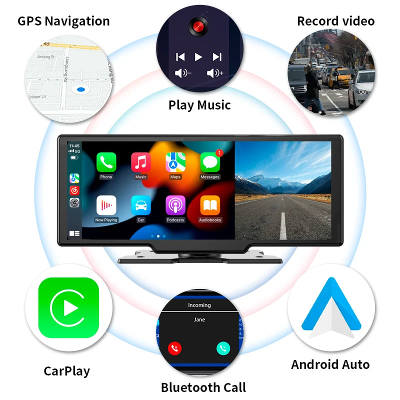 10Inch DVR Car Dashcam &ndash; Wireless CarPlay Dual Cameras