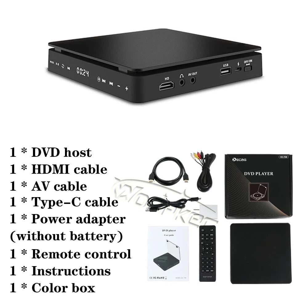 Woopker KC-708 Portable DVD Player with 1080p HD, USB &amp; AV Connectivity