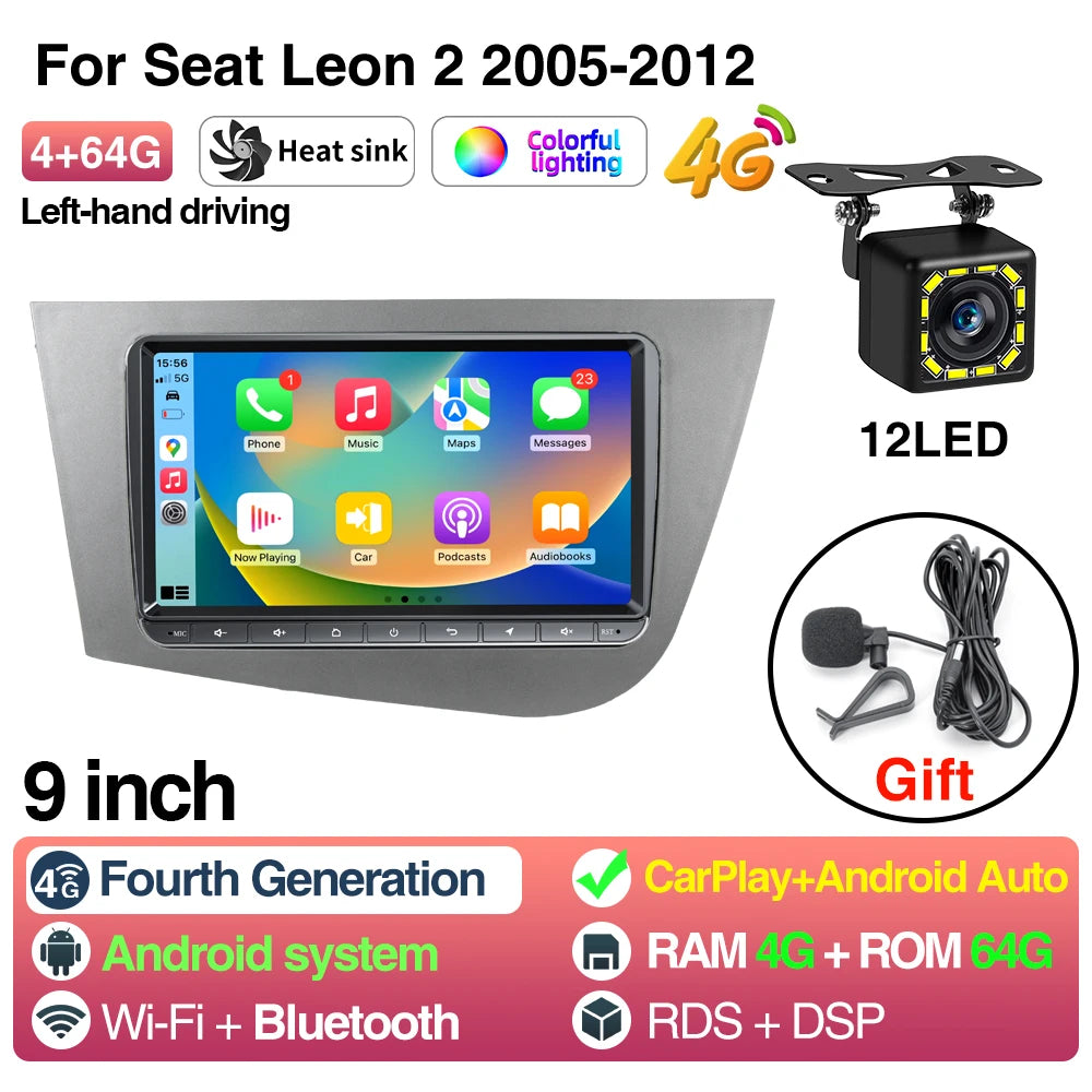 Car Radio For Seat Leon 2 05-12 LHD - CarPlay Android Auto 9inch 4 64G 12LED