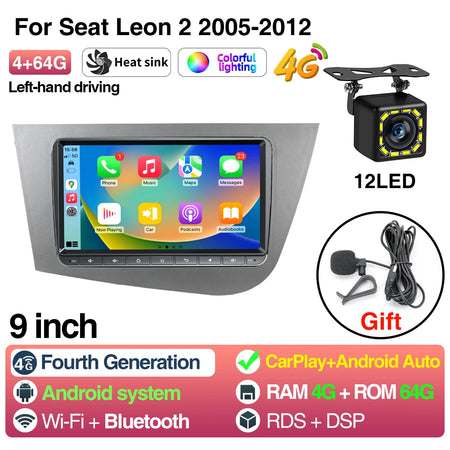 Car Radio For Seat Leon 2 05-12 LHD - CarPlay Android Auto 9inch 4 64G 12LED