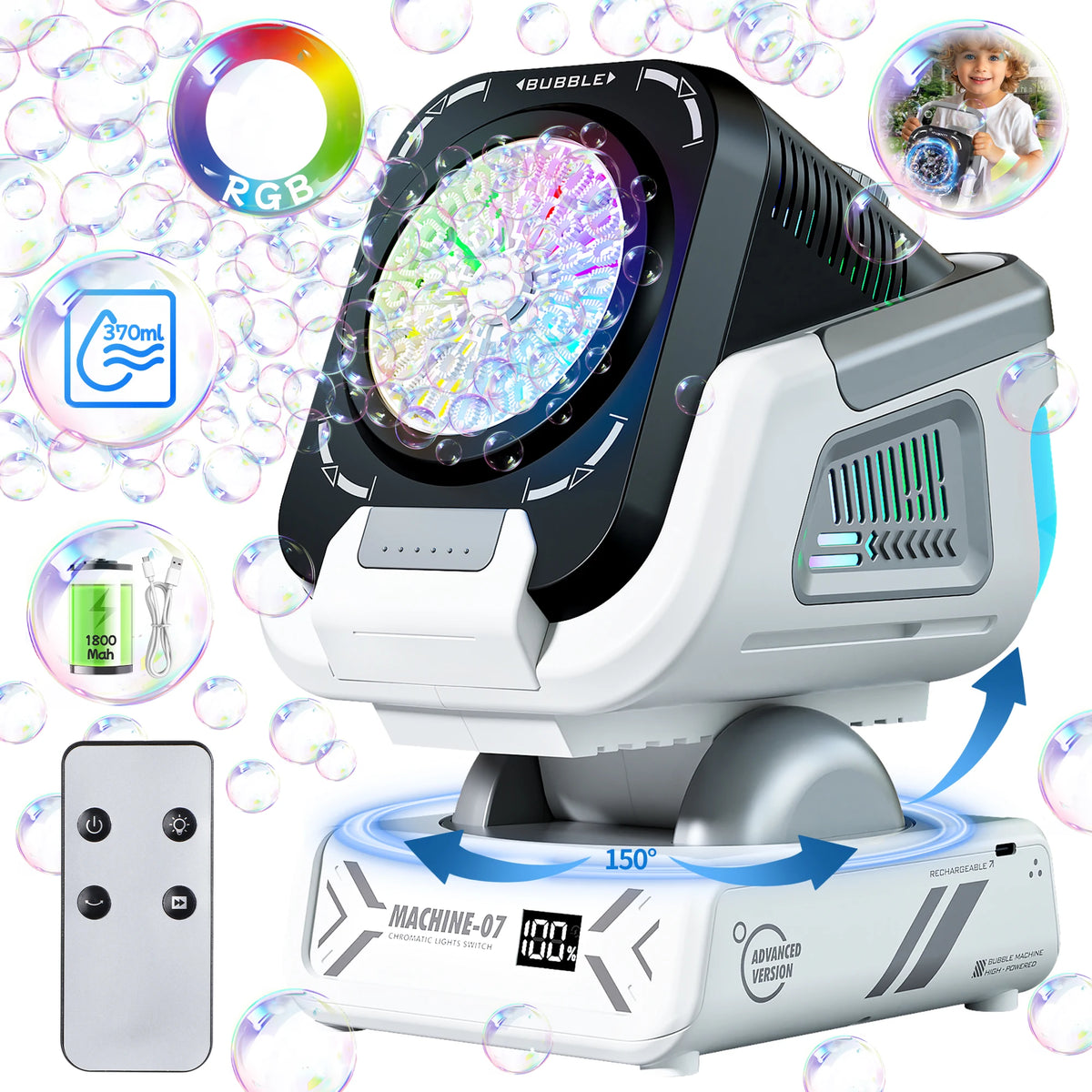 Bubble Machine with Remote Control, Auto Rotation, RGB Light &amp; Rechargeable Battery