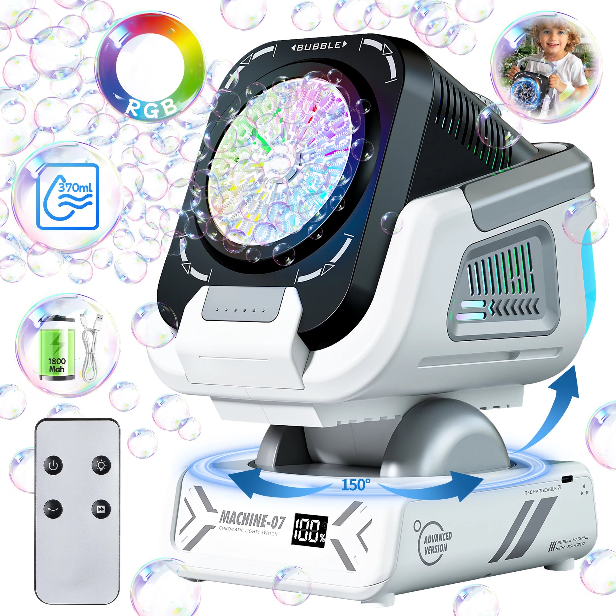 Bubble Machine with Remote Control, Auto Rotation, RGB Light &amp; Rechargeable Battery