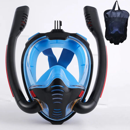 Snorkeling Mask Double Tube &ndash; Full Dry Underwater Breathing Black Blue / L/XL