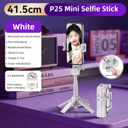 LISCN P25 Mini Portable Selfie Stick with Anti-Shake Quadpod and Wireless Remote P25 White