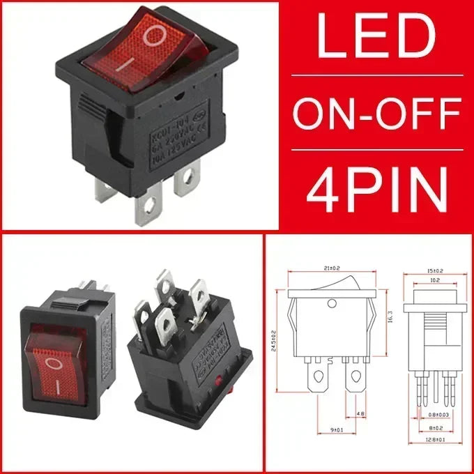 10/30/100 Pcs KCD1 Snap - in Boat Rocker Switch - SPST ON - OFF, 2/3/4 Pin, 250V 6A (AC) / 125V 10A, 2P Toggle Power Snap Switch Red Light 4Pin / 10 PCS