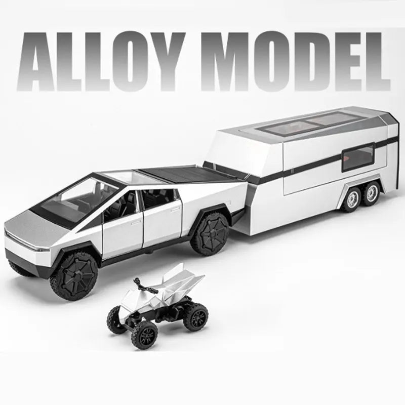 1/32 Alloy Cyber Toy Pickup Truck Model with Sound and Light SilverywithMotorbike