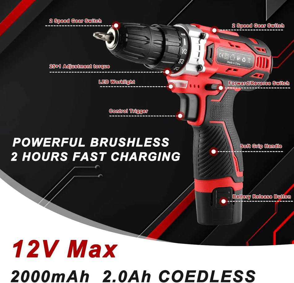 138 Skrzynka Narzędziowa Z Bezprzewodową Wkrętarką Zestaw Wiertarki 12V W Pudełku