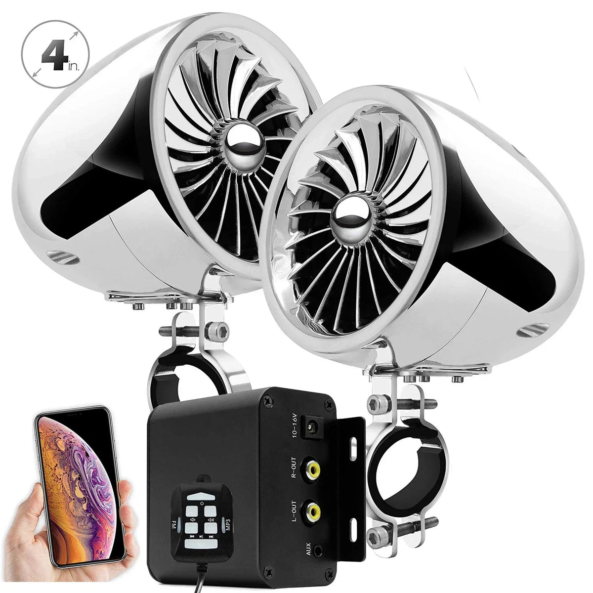 150W Motorcycle Audio System, Waterproof Bluetooth Speakers, 2-Channel Amp CN (Origin) / Chrome Set - Fan