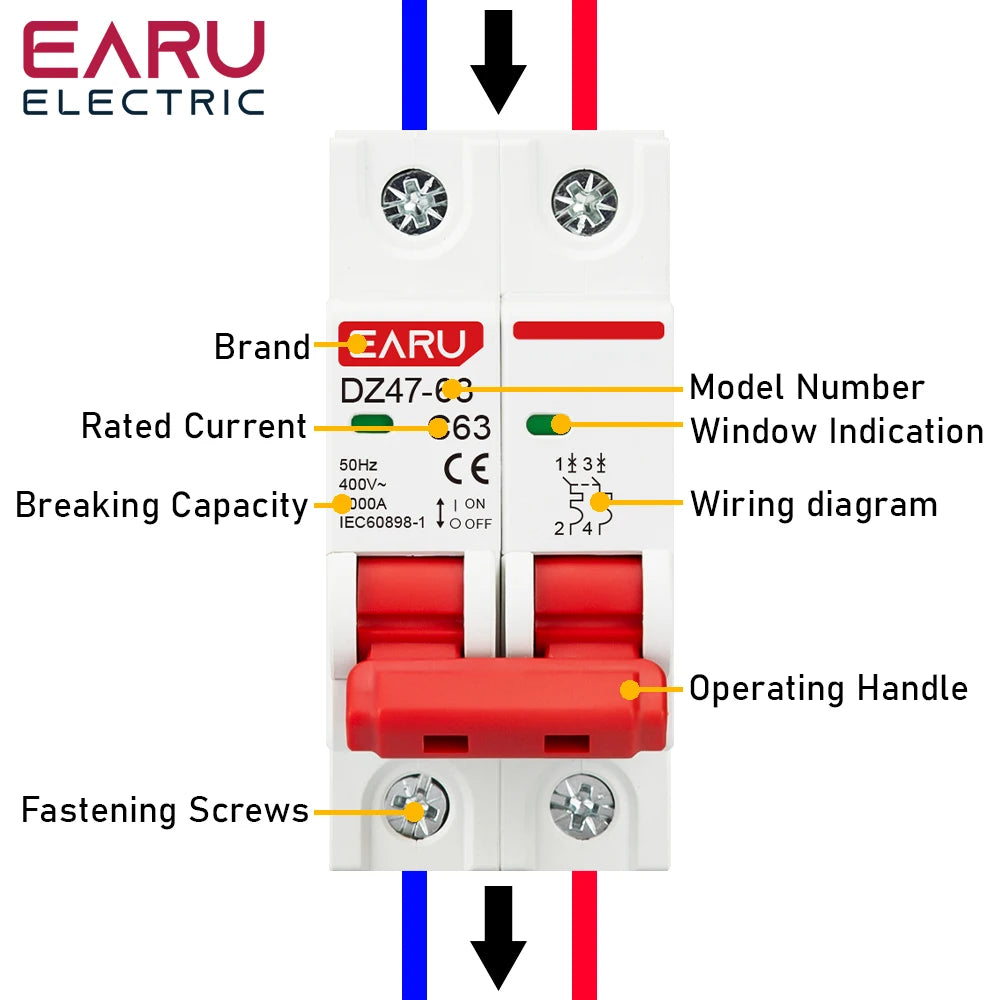 EARUELETRIC DZ47 400V Mini Circuit Breaker - 1-4P, 3-125A, C Type, 6KA Capacity