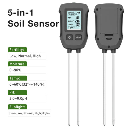 5 In 1 Digital Soil Tester &ndash; Bright Backlit Display 5 in 1 Soil PH Meter