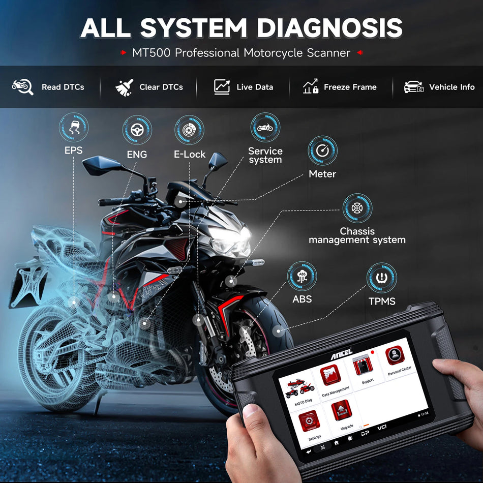 Ancel MT500 Pro Moto Scanner Alle Systemer ECU Kodning OBD2