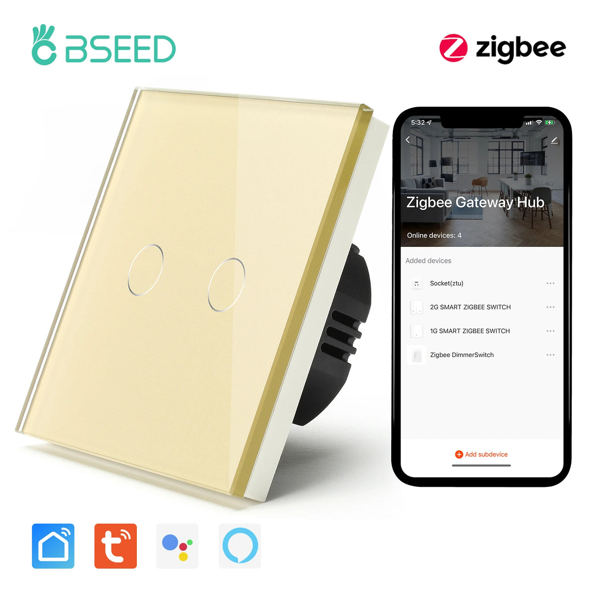 BSEED Zigbee 1 2 3 Gang 1 Way Smart Switch &ndash; Google Home Gold 2 Gang / CHINA / EU standard