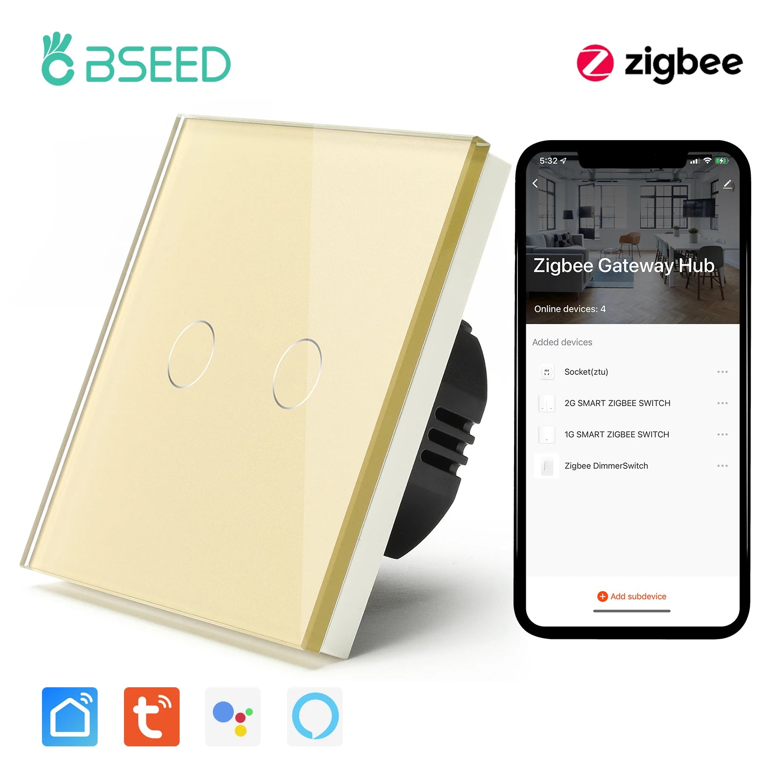 BSEED Zigbee 1 2 3 Gang 1 Way Smart Switch &ndash; Google Home Gold 2 Gang / CHINA / EU standard