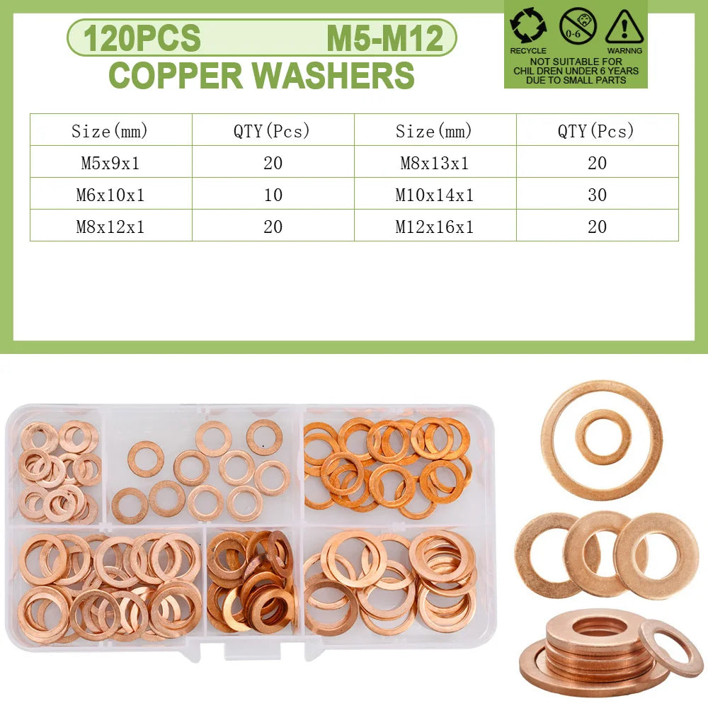 Copper Sealing O-ring Gasket Kit for Boat and Motorcycle M5-M12  120Pcs