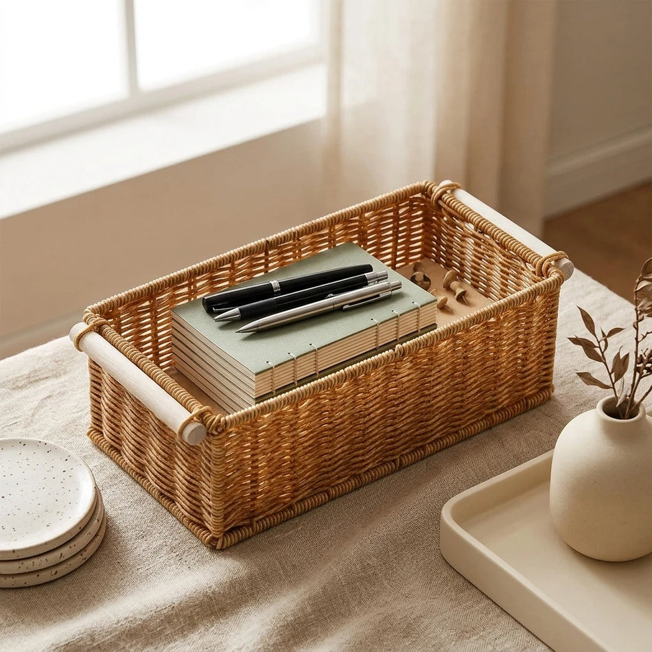 Scandinavian Desktop Organizer Basket, Handwoven Plastic Rattan Storage
