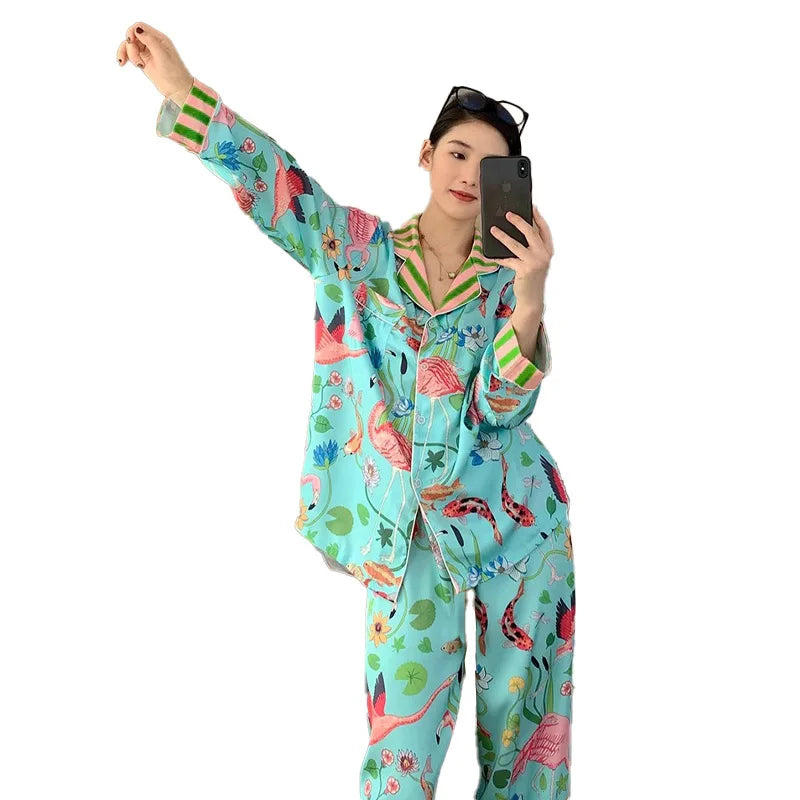 Women's Animal Print Faux Silk Pajama Set - Long Sleeve, 2 Piece Sleepwear