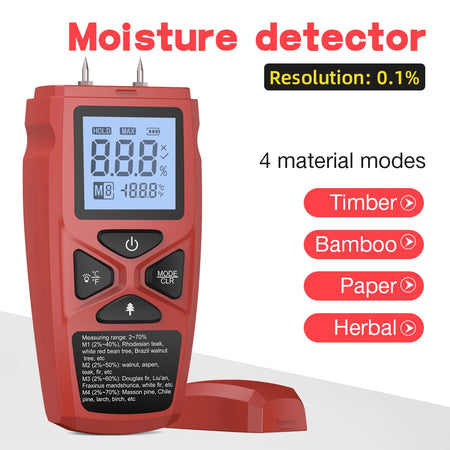 Wood Moisture Meter &ndash; High Precision Humidity Readout Red