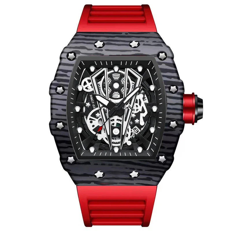 BINBOND Sporty Men's Tonneau Quartz Watch with Hollow Surface and Silicone Strap Red black