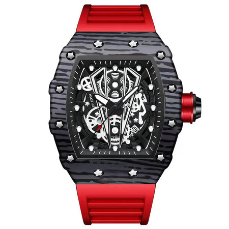 BINBOND Sporty Men's Tonneau Quartz Watch with Hollow Surface and Silicone Strap Red black