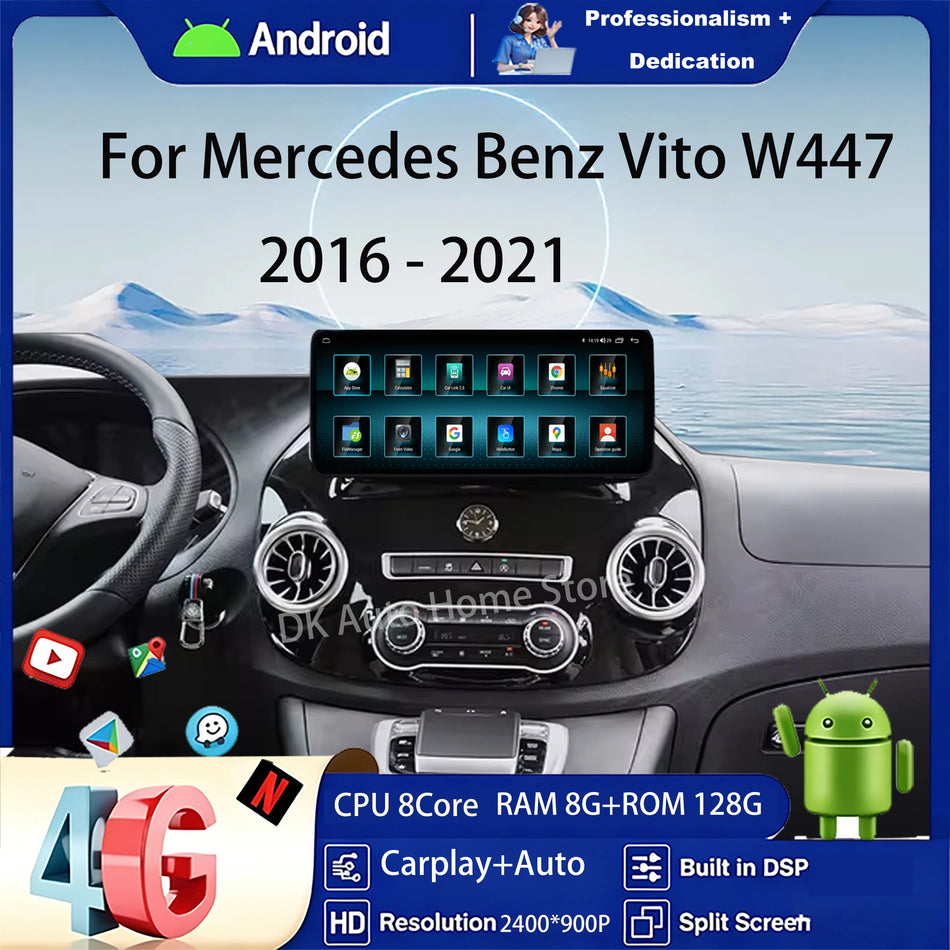 Radio auto de 12,3 inch pentru Mercedes Vito W447, DSP wireless, GPS Android 16