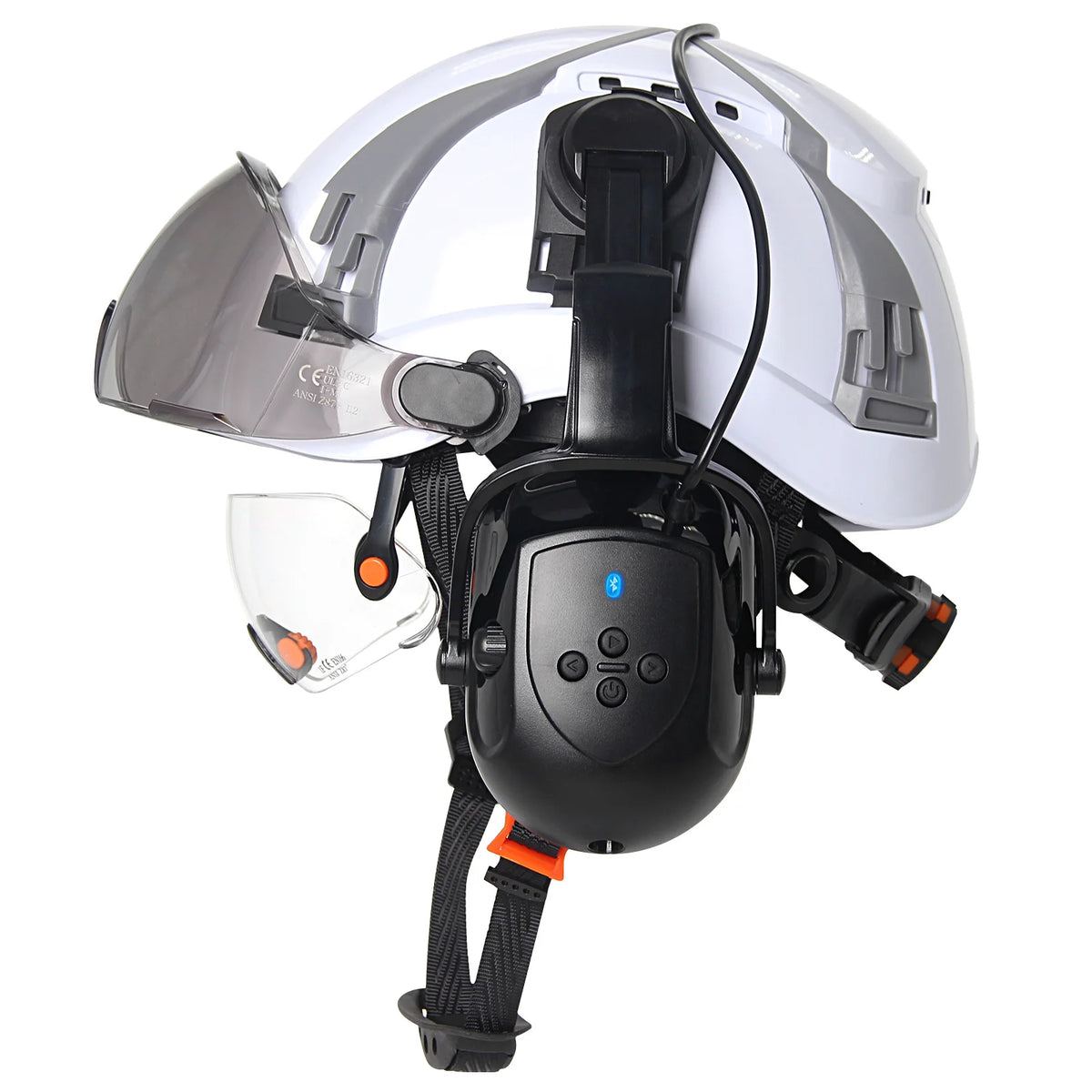 CE Safety Helmet With Bluetooth Earmuffs &ndash; Built In Goggles White Set