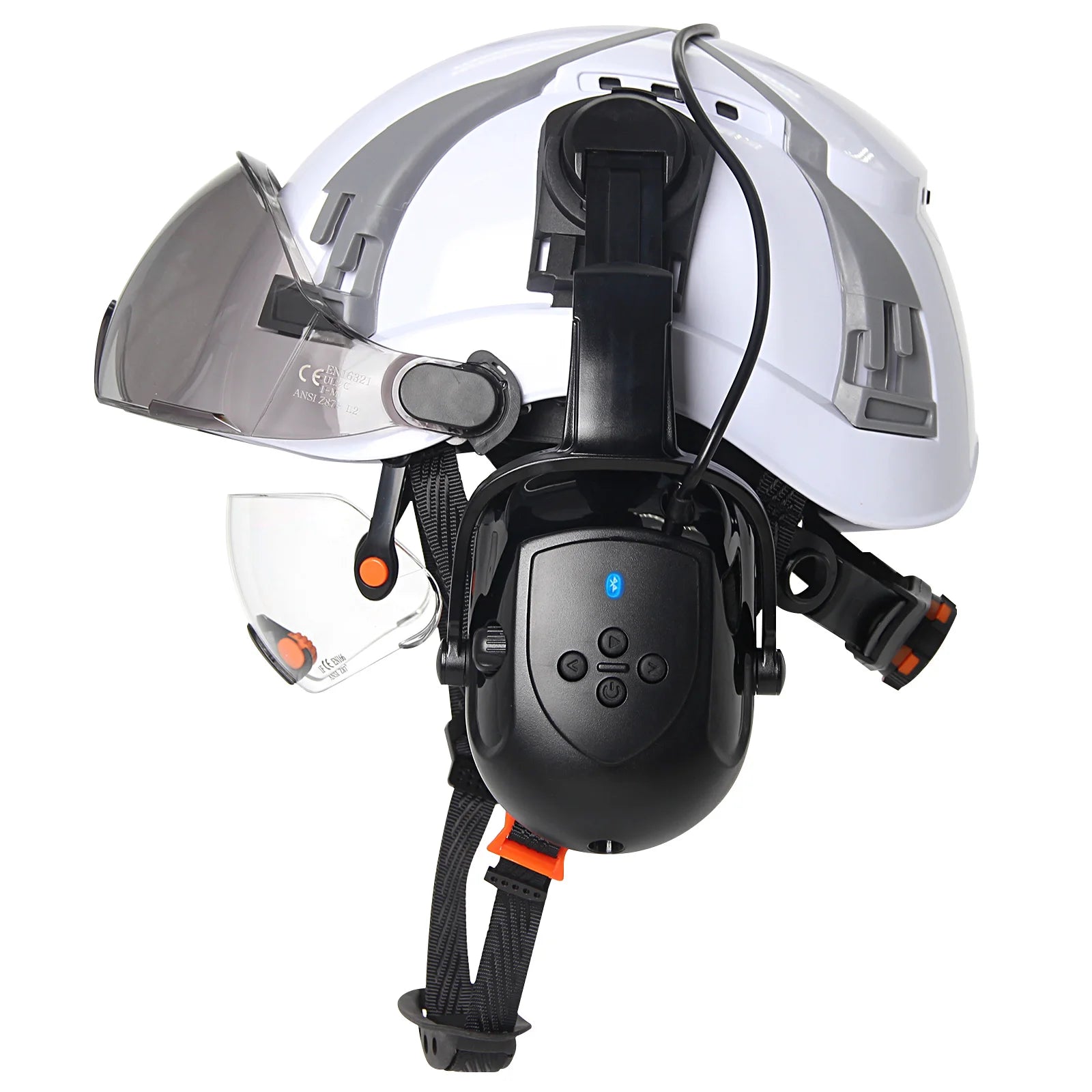 CE Safety Helmet With Bluetooth Earmuffs &ndash; Built In Goggles White Set